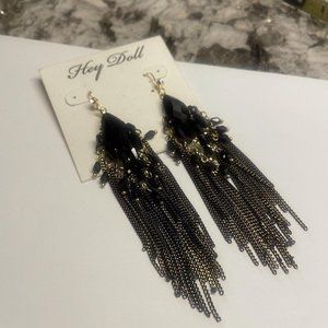 NWT HEY DOLL Pierced Dangle Drop Earrings Rhinestone / Bead / Chain